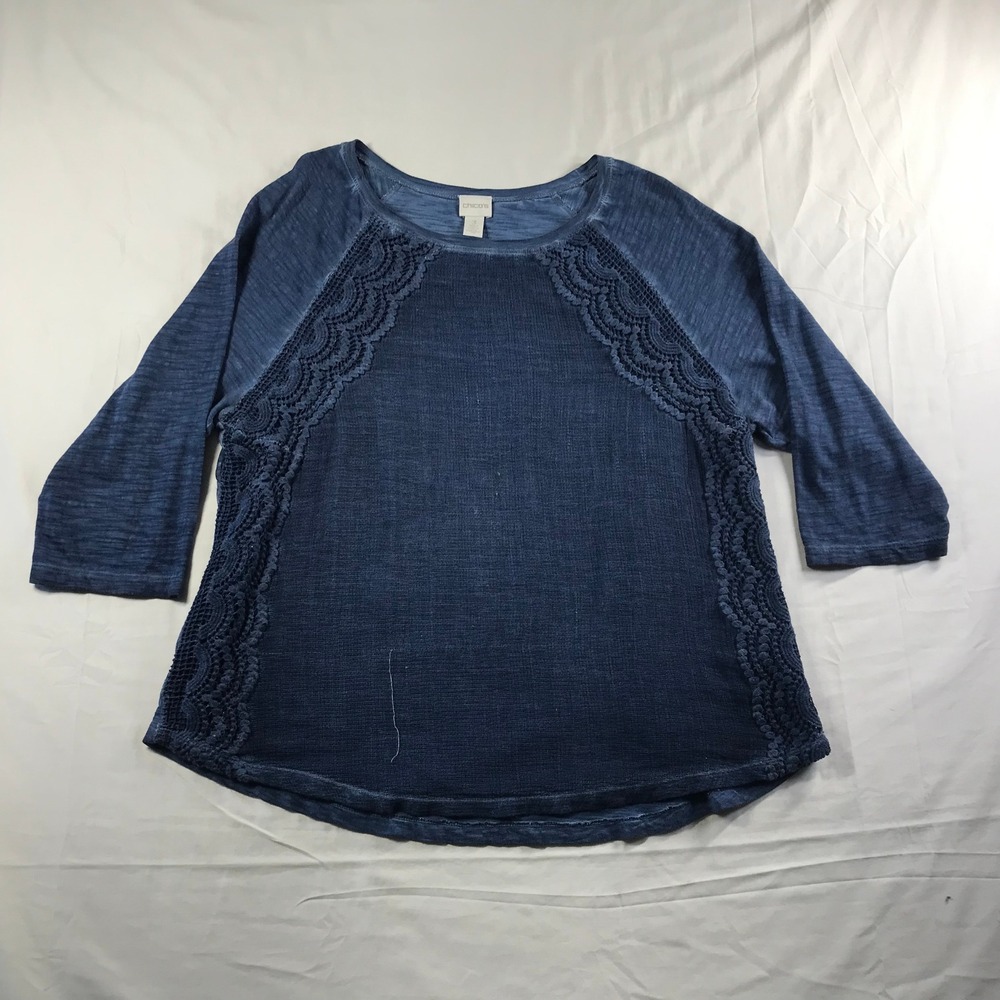 Chico's Blue Crochet Lace Trim Slub Knit 3/4 Sleeve Top Size 3 XL